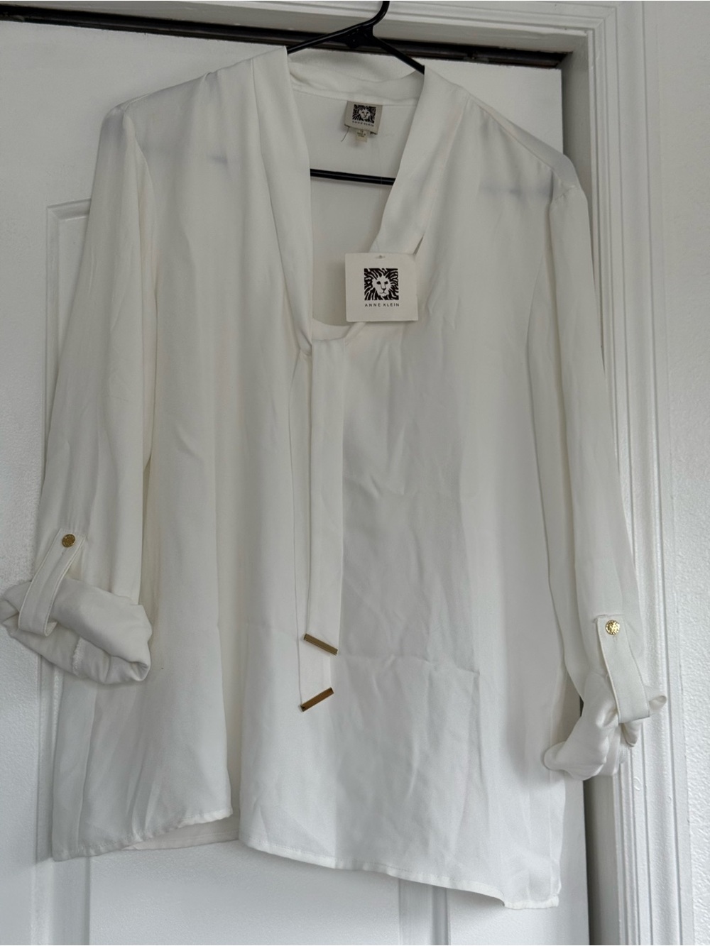 Anne Klein Cream V-Neck Blouse with Tie and Gold Accents